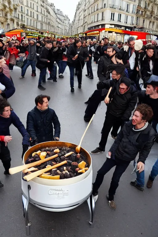 Prompt: the citizens of Paris start a riot and roll a giant fondue onto champs elysees