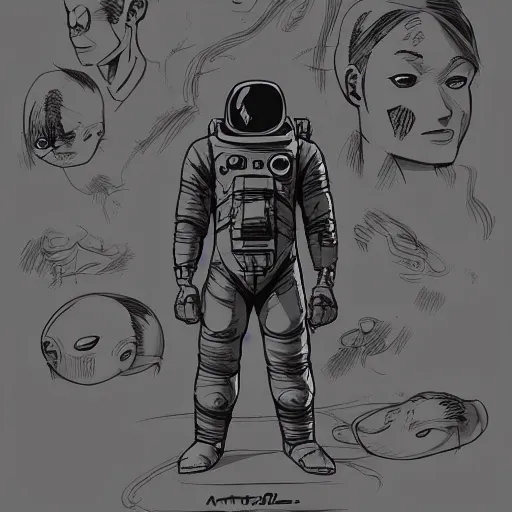 Prompt: concept art, digital art, manga drawing, astronaut, sci fi, illustration, idealized proportions, in the style of darren bartley, mike mignola, trending on artstation