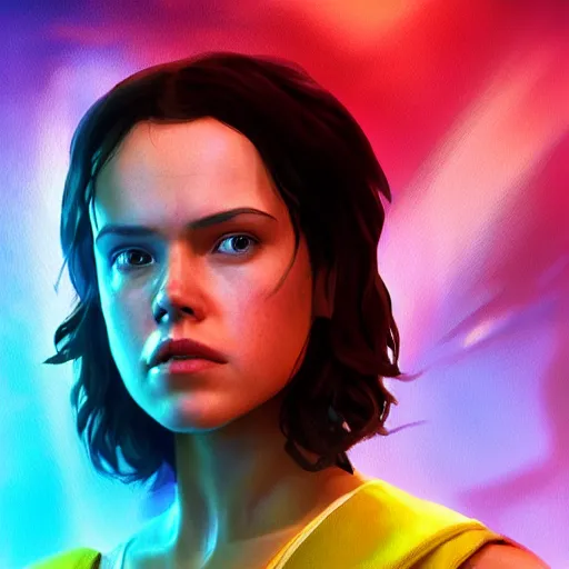 Image similar to daisy ridley ( star wars ), colorful oil painting, unreal 5, daz, hyperrealistic, octane render, rpg portrait, dynamic lighting, fantasy art, beautiful face