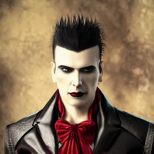 Image similar to a vampire, male, mid - 3 0 s aged, long, slicked black hair, clean shaven, in red and black, regal, high fantasy, realistic, highly detailed, full body shot, concept art, 8 k.