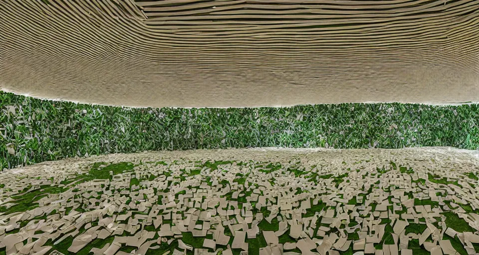 Image similar to A panoramic realistic photography of a sculpture made of banana leaves, white exhibition space, in the style of donald judd