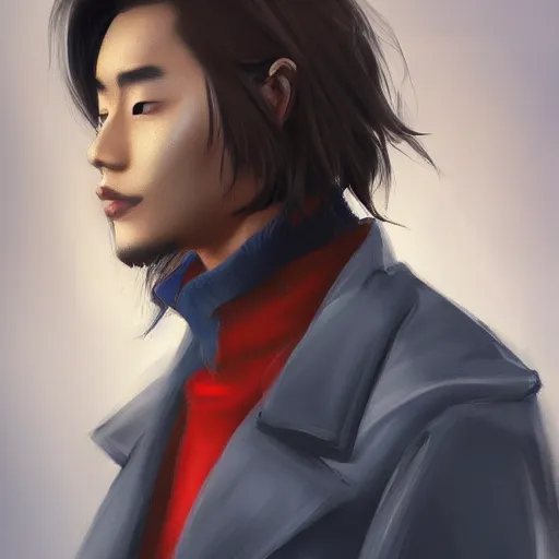 Prompt: portrait of a beautiful young Asian man with tanned skin, shoulder length wavy black hair, and a long blue coat. Beautiful digital painting, stunning art trending on artstation, dramatic lighting on black background