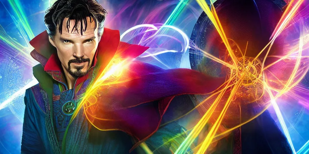 Prompt: doctor strange with the face of waya steurbaut hero combination rainbow glowing suite high resolution film render 100k, photo realistic, epic, colourful close up shot