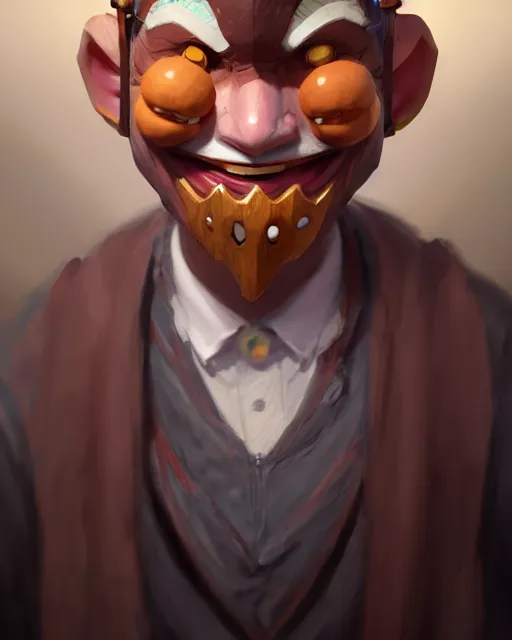 Prompt: character concept art of the happy mask salesman | | cute - fine - face, pretty face, realistic shaded perfect face, fine details by stanley artgerm lau, wlop, rossdraws, james jean, andrei riabovitchev, marc simonetti, and sakimichan, tranding on artstation