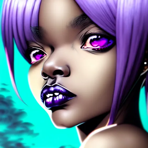 Image similar to portrait of a black anime manga girl, french bob hair, white hair, purple colored eyes, by artgerm, james jean, tom bagshaw, gerald brom, vaporwave colors, lofi colors, vaporwave, lofi, goth vibe, 4 k, smooth, hd, substance designer render, full body character concept art, symmetrical, 2 point lighting,