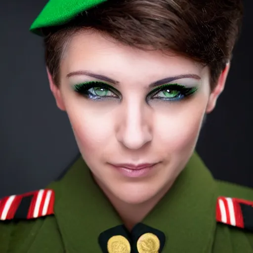 Prompt: brunette woman, short messy hair, black military uniform, bright green eyes