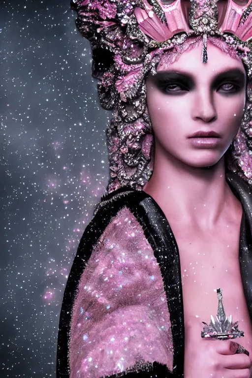 Image similar to hyper detailed ultra sharp portrait of baroque and bladerunner delicate glowing diamond sculpture of seductive muscular albino young spanish king, pink diamond black metallic sphinx iridescent humanoid deity wearing black cloak holding a prismatic gem, glowing pink face, crown of white diamonds, cinematic lighting, photorealistic, octane render 8 k depth of field 3 d