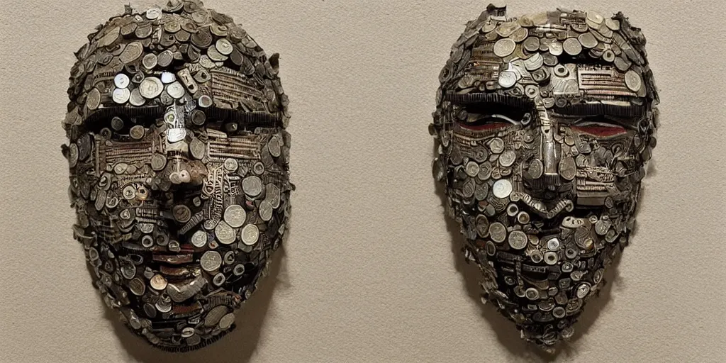 Prompt: a beautiful cyborg made of ceremonial money maske
