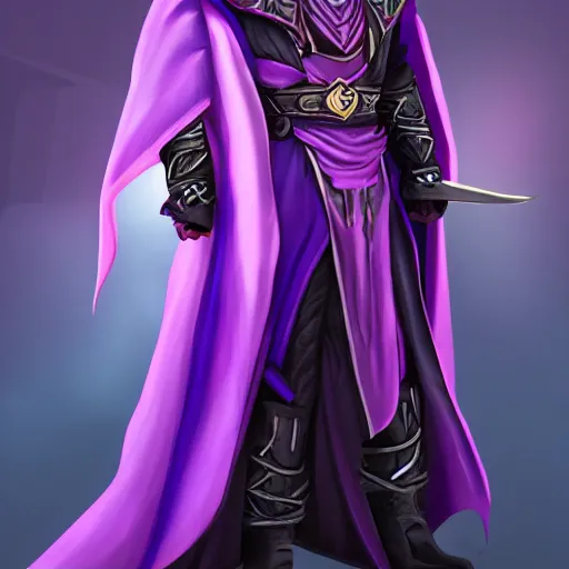 Image similar to warlock long hood cloak purple, fighting dark evil monster from hell in magic world, 8 k, trending on artstation by tooth wu