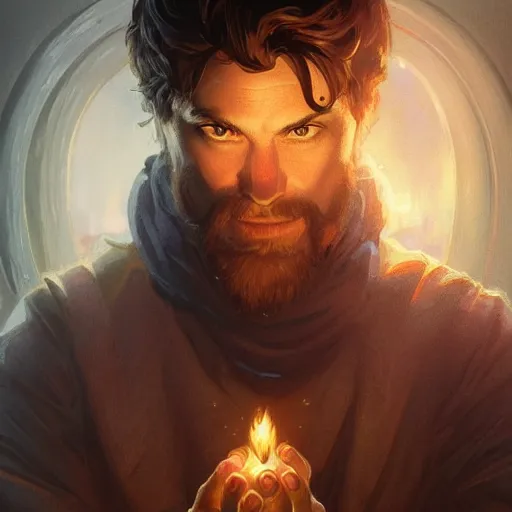 Image similar to man holding he's soul in a jar portrait, backlight, rim lighting, deep focus, d & d, fantasy, intricate, elegant, highly detailed, digital painting, artstation, concept art, matte, centered, sharp focus, illustration, hearthstone, art by artgerm, greg rutkowski and alphonse mucha