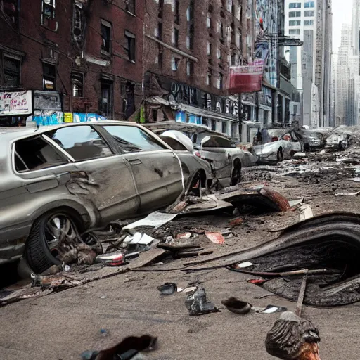 Prompt: new york abandoned attacked by giant worm, post apocalyptic, damage road