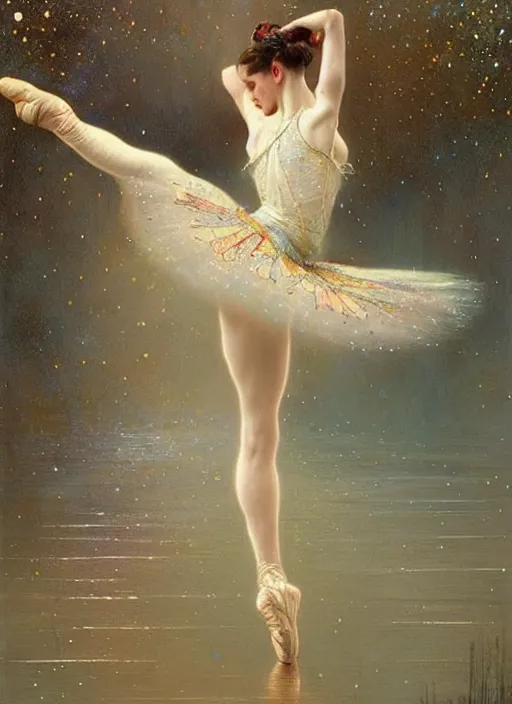 Image similar to a beautifull intricate dot painting of a dancing ballerina, reflexions, verry high details by william turner art, greg rutkowski and alphonse mucha, trending on artstation, very very detailed, masterpiece, muted colors