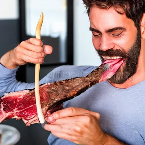 Prompt: man with whole tomahawk steak stuck between his teeth stock photo