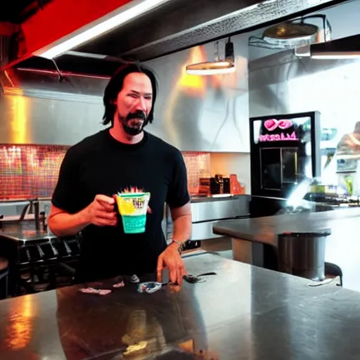 Image similar to keanu reeves enjoying taco bell in a cyberpunk styled kitchen, lit with neon lights