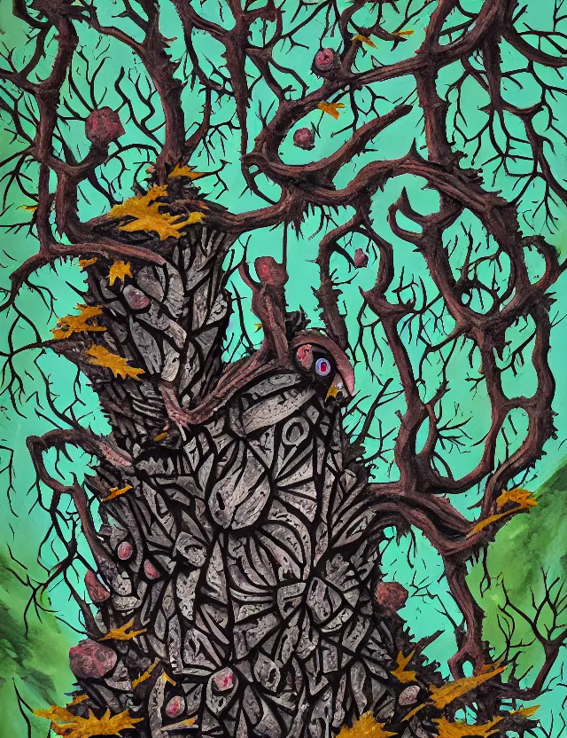 Prompt: raven god in the lichen woods. this gouache painting by an indie artist has an interesting color scheme, plenty of details and impeccable lighting.