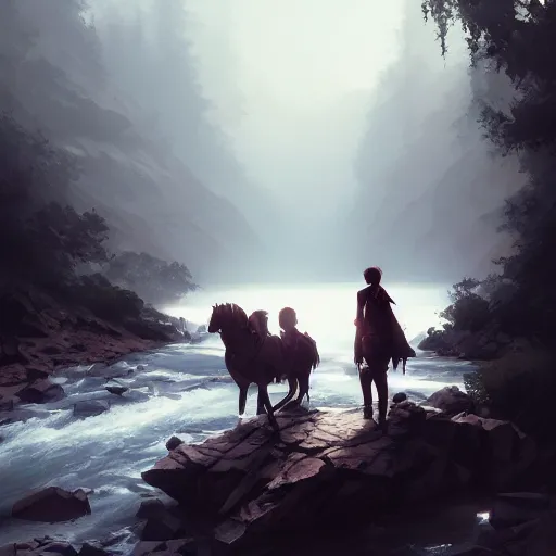 Image similar to crossing a river in avila mountains, 4 k, concept art, by wlop, ilya kuvshinov, artgerm, krenz cushart, greg rutkowski, pixiv. cinematic dramatic atmosphere, sharp focus, volumetric lighting, cinematic lighting, studio quality