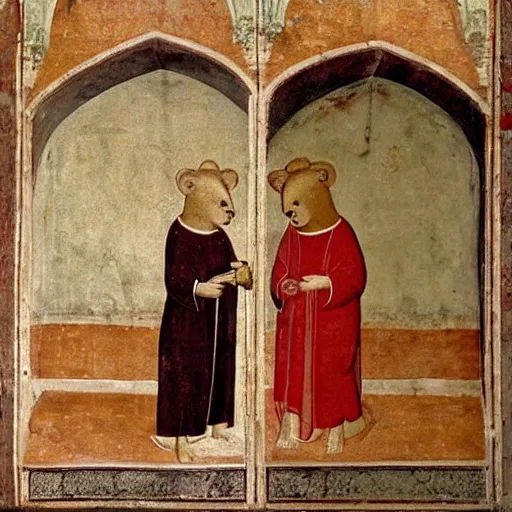 Prompt: Two bears wearing red robes arguing about how to send an email, medieval fresco