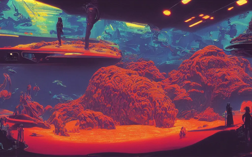 Prompt: close - up view of human silhouettes watching a giant dark sci - fi alien lava lamp in a giant futuristic fish tank aquarium, pink and orange colors, highly detailed science fiction painting by syd mead, roger dean, and moebius. rich colors, high contrast, cosmic black background. unreal engine, artstation.