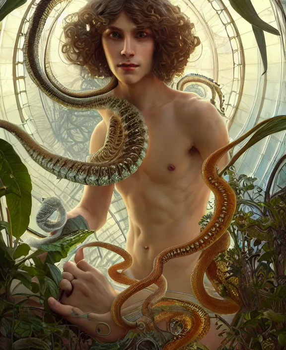 Image similar to intricate ornate opulent transparent clear see - through portrait of a horrific beautiful male human nautilus snake, adorable, childlike, overgrown biopunk jungle environment, ultra realistic, concept art, art nouveau, photorealistic, octane render, 8 k, unreal engine. art by christopher marley and artgerm and greg rutkowski and alphonse mucha