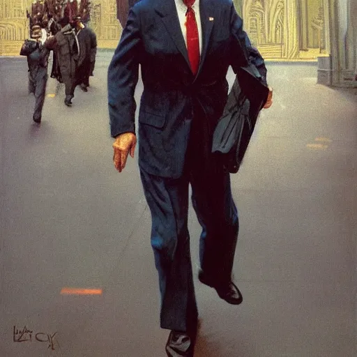 Prompt: immense, majestic joe biden striding through the streets of art deco city, perfectly clear face, by j. c. leyendecker and beksinski