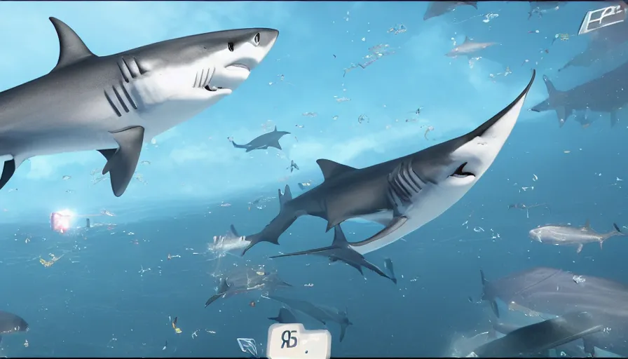 Image similar to highly futuristic school of fish flying through the sky towards an infinite shark god, unreal engine