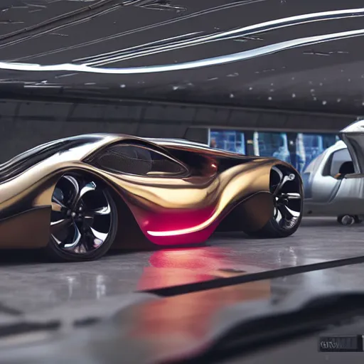 Image similar to car show several cars: motherboard forms designed by zaha hadid, sci-fi futuristic ultra realistic photography, keyshot render, octane render, unreal engine 5 lumen, high oiled liquid glossy specularity reflections, ultra detailed, golden hour, dramatic lighting 4k, 8k, 16k in the style ofblade runner 2049 Cyberpunk 2077 ghost in the shell thor 2 marvel film : tilt shift: sharp focus