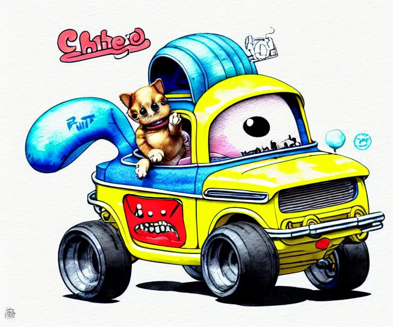 Image similar to cute and funny, puppy wearing a helmet riding in a tiny hot rod with an oversized engine, ratfink style by ed roth, centered award winning watercolor pen illustration, isometric illustration by chihiro iwasaki, edited by range murata, tiny details by artgerm and watercolor girl, symmetrically isometrically centered, sharply focused