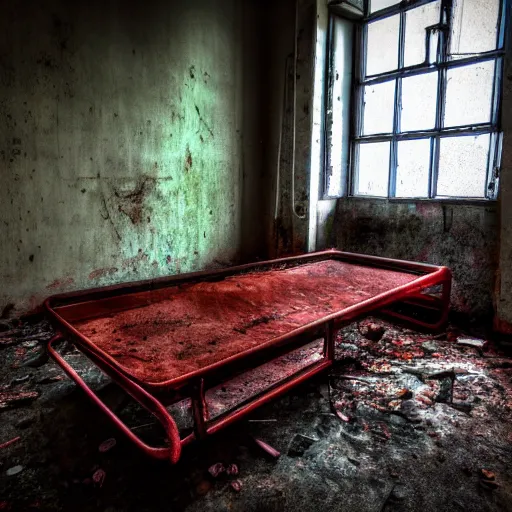 Image similar to high definition colour photo of a rusty old hospital bed in an abandoned hospital, real life photography, horror, biological photo, fullbody, dynamic lighting, beautiful
