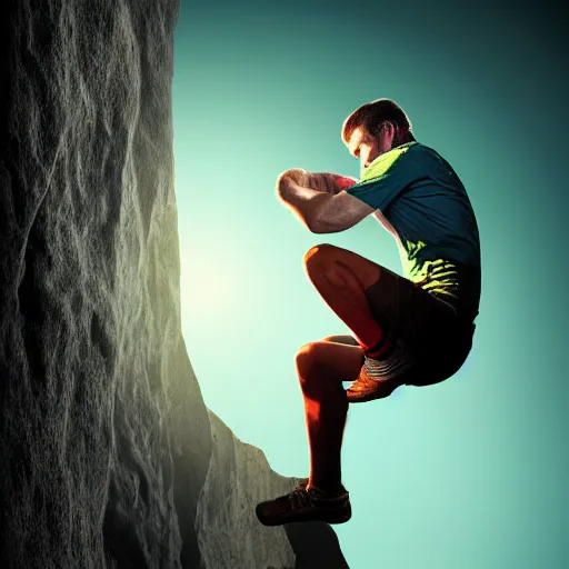 Image similar to a portrait of a man who is sad because he missed the climbing contest - winning digital artwork. stunning lighting