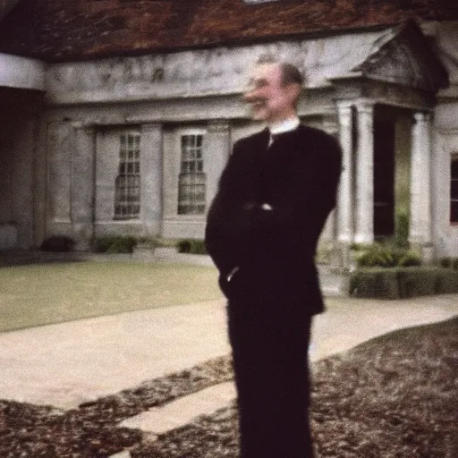 Image similar to an old unclear color-faded photo captured by accident in 1990s about a catman in hotel clerk uniform walk around in a 18th century style garden and smile to the camera, foggy weather atmosphere, spotlight