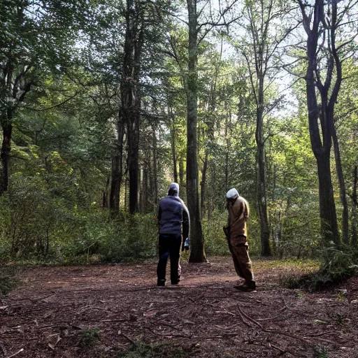 Image similar to two figures meeting in a sunny safe clearing in a dark dangerous forest