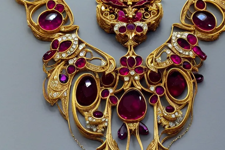 Image similar to highly detailed oil painting, front view, very realistic gemstones, art nouveau, ornate, delicate, brilliant ruby necklace, necklace on display, dramatic light,