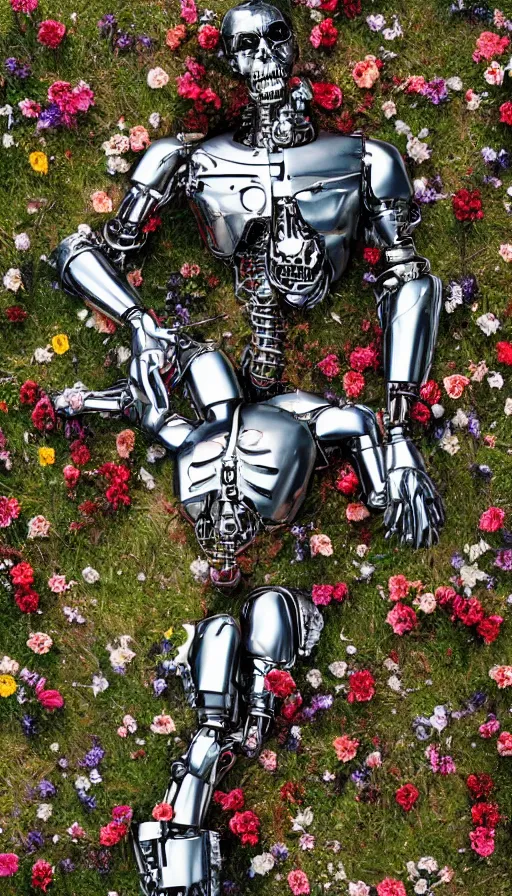 Image similar to photo of destroyed realistic terminator lying in a field of flowers, twisted, chrome, reflections, anthropomorphic, photorealism, smoke, 8 k, wires, smooth, sharp focus, top view, extremely detailed, hyperrealism, elegant, establishing shot, by jeff koons, artgerm and greg rutkowski