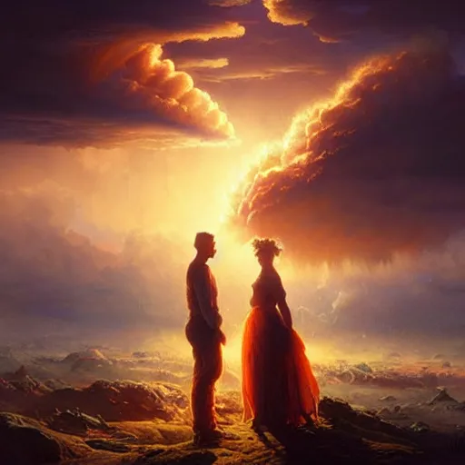 Image similar to a young couple watching a nuclear explosion, romantic, mushroom cloud, uplifting, happy, apocalytic detailed digital matte painting by artgerm, greg rutkowski and alphonse mucha