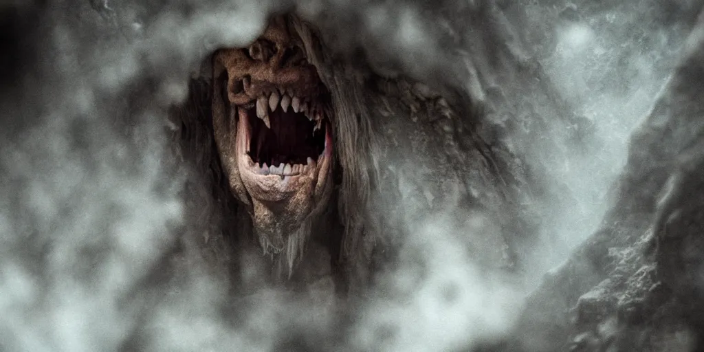 Image similar to a giant cave troll in the style of lord of the rings, 8 k, moody lighting, shallow depth of field,