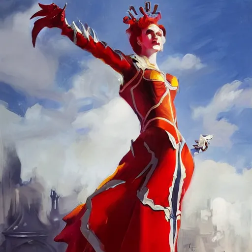 Image similar to greg manchess portrait painting of partially armored red queen from alice in wonderland as overwatch character, medium shot, asymmetrical, profile picture, organic painting, sunny day, matte painting, bold shapes, hard edges, street art, trending on artstation, by huang guangjian, gil elvgren, ruan jia, randy vargas, greg rutkowski