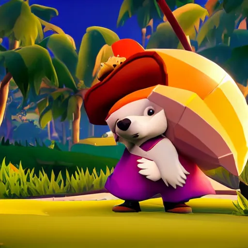 Image similar to hedgehog playing golf in sea of thieves, hedgehog wearing a pirate hat, cute, colourful, happy, adorable