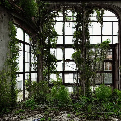 Prompt: an abandoned building, overgrown plants, dreamy, overcast, by hans bellmer