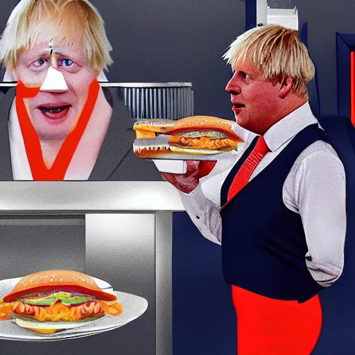 Image similar to boris johnson working at burger king serving liz truss a burger digital art