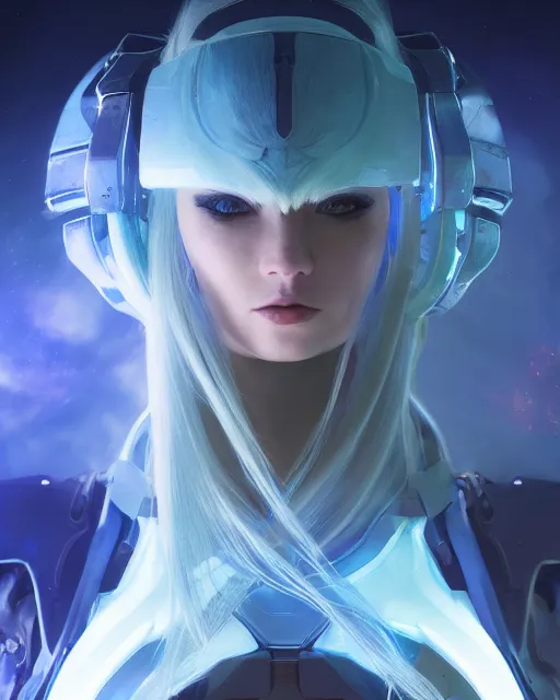 Image similar to perfect android girl on a mothership, warframe armor, beautiful face, scifi, futuristic, galaxy, nebula, raytracing, dreamy, long white hair, blue cyborg eyes, sharp focus, cinematic lighting, highly detailed, artstation, divine, by gauthier leblanc, kazuya takahashi, huifeng huang