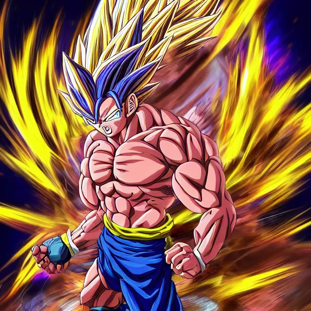 Image similar to muscular anime man powers up going super saiyan in the hyperbolic time chamber, ultrafine hyperrealistic detailed face illustration by kim jung gi, irakli nadar, intricate linework, sharp focus, bright colors, matte, octopath traveler, final fantasy, unreal engine highly rendered, global illumination, radiant light, intricate rainbow environment