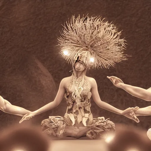 Image similar to mushroom goddess with extremely elegant headdress with group of elders in a ceremony for plant medicine, beautiful, hiroya oku, yoshitaka amano, alex grey, black and white, beautiful lighting, cinematic still, perfect render, 3 d render, unreal engine, 8 k