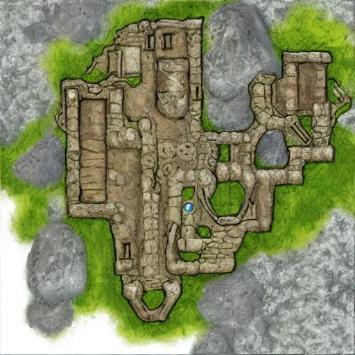 Image similar to overhead RPG battlemap of a stone fort sitting above a swamp, detailed, hand-painted, drivethruRPG top seller popular