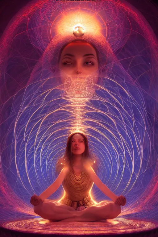 Image similar to a centered render of a goddess emitting a glorious energy from a circular portal on her head and is surrounded by spiral mandel bulb fractals, powerful, cinematic, beautifully lit, by artgerm, by karol bak, 3 d, trending on artstation, octane render, 8 k