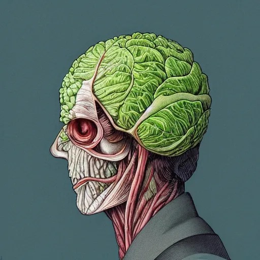 Prompt: the anatomy of a head of lettuce that looks like a handsome man, an ultrafine detailed painting by james jean, intricate linework, full color, studio ghibli, behance contest winner, vanitas, angular, altermodern, unreal engine