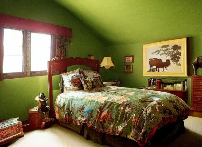 Prompt: bedroom with horse statues, green and brown decorations by studio ghibli painting, by ohara koson and thomas kinkade