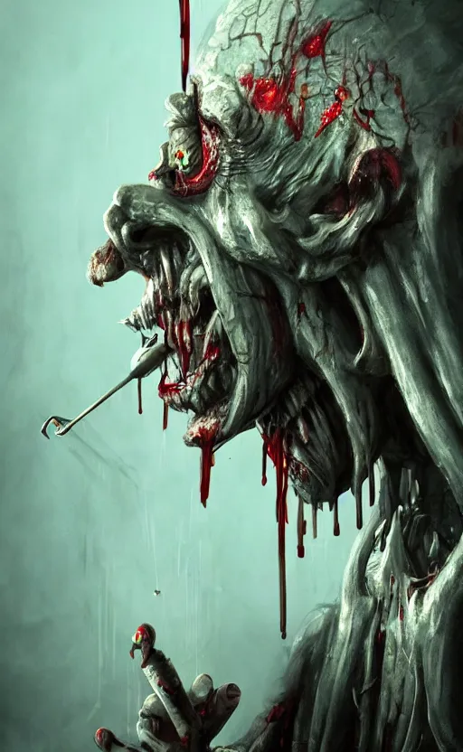 Image similar to photorealistic fantasy concept art of pinocchio as a monster, with bloody dripping down his face and mouth, dynamic lighting, cinematic, ultra detailed, stunning visuals, creative, trending on art station