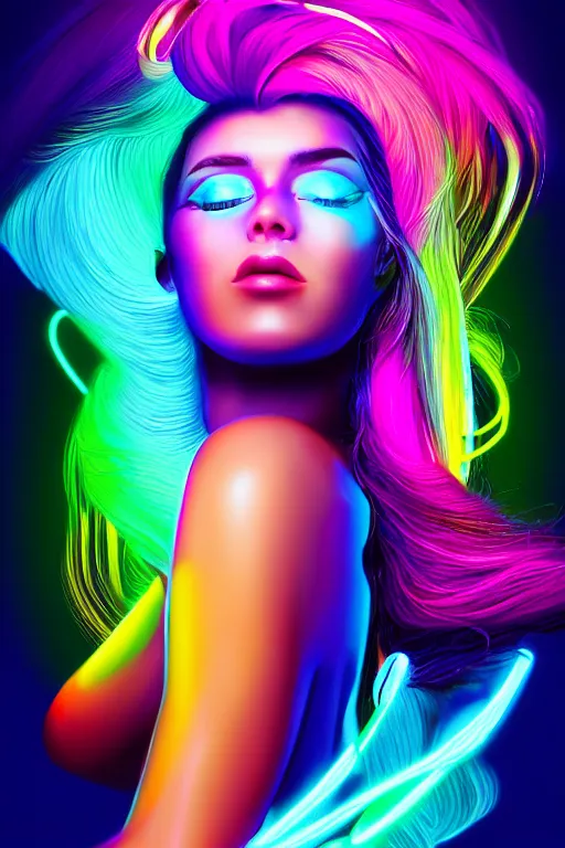 Image similar to a award winning half body portrait of a beautiful woman with stunning eyes in a croptop and cargo pants with rainbow colored ombre hairstyle head in motion and hair flying by thomas danthony, surrounded by whirling illuminated neon lines, outrun, vaporware, shaded flat illustration, digital art, trending on artstation, highly detailed, fine detail, intricate