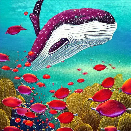 Image similar to whales underwater with scattered rubies, emeralds and topaz, oil painting