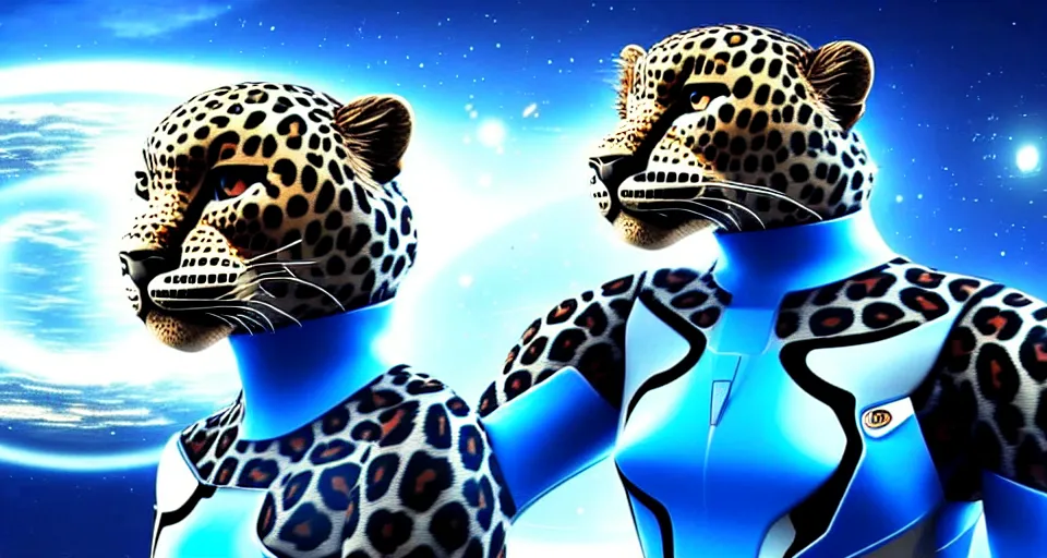 Image similar to A beautiful scene from a 2020 sci-fi film featuring a humanoid leopard wearing a white and blue uniform in a starship bridge. An anthropomorphic leopard in a futuristic uniform.